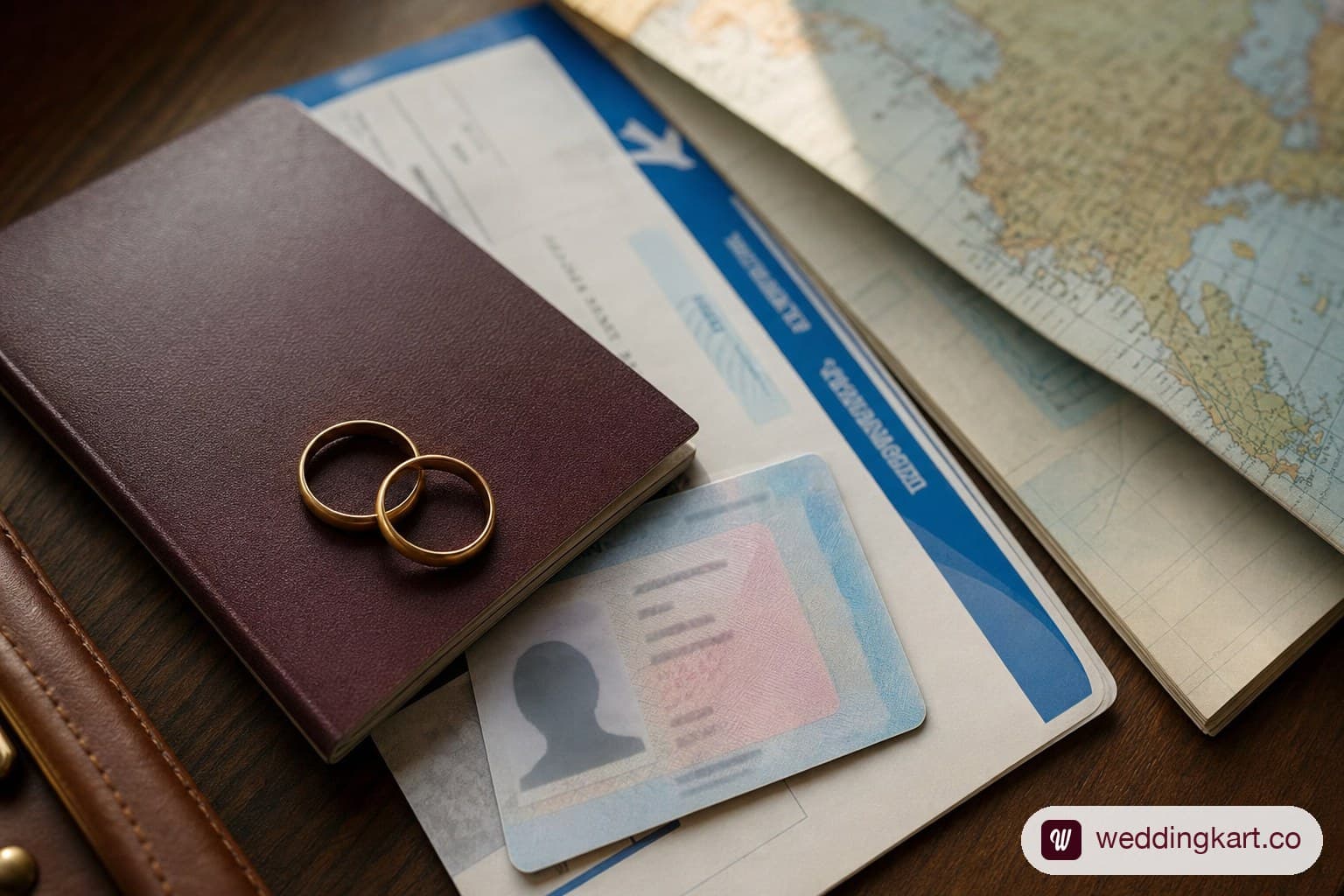 A passport, ID card and boarding pass — OCI and spouse-visa travel after an NRI marriage