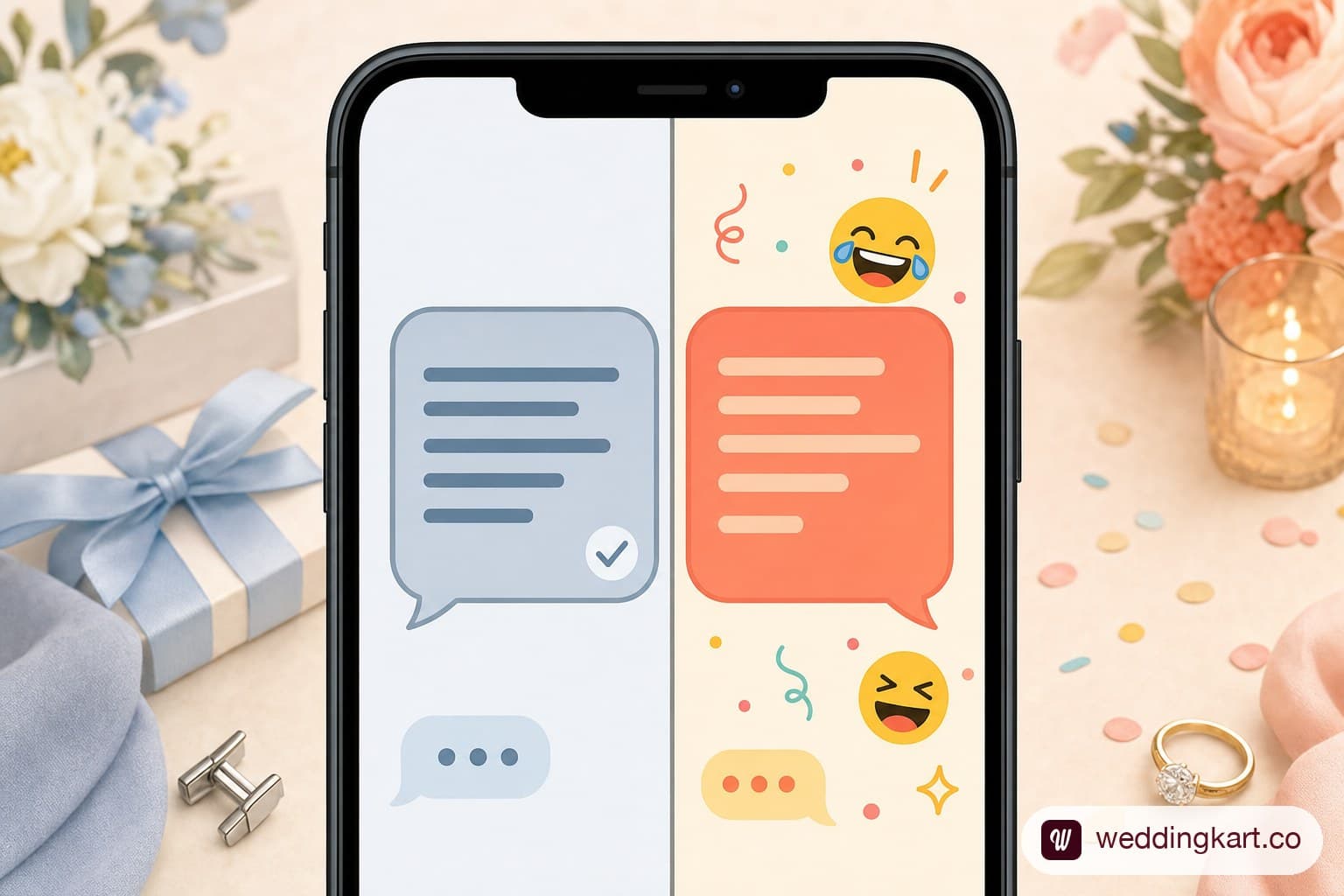 A phone screen split between a formal grey reply bubble and a casual reply bubble with laughing emoji reactions
