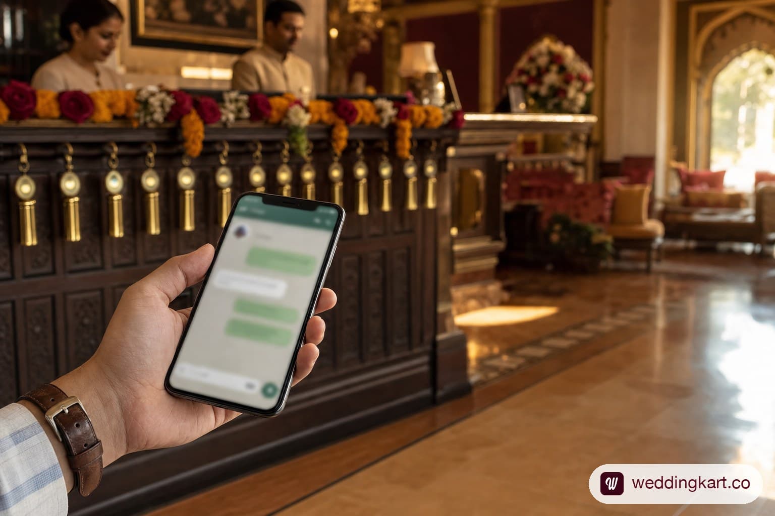 A wedding guest checks a WhatsApp message on their phone in a luxury Indian hotel lobby, with brass room keys on the welcome desk behind them