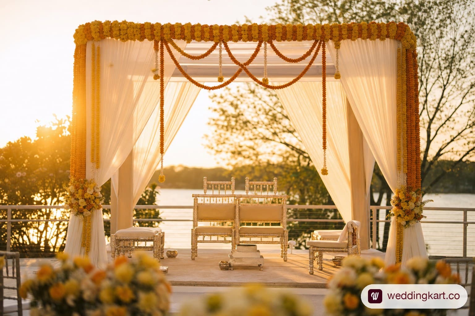 Wedding mandap set up for an early morning auspicious muhurat.