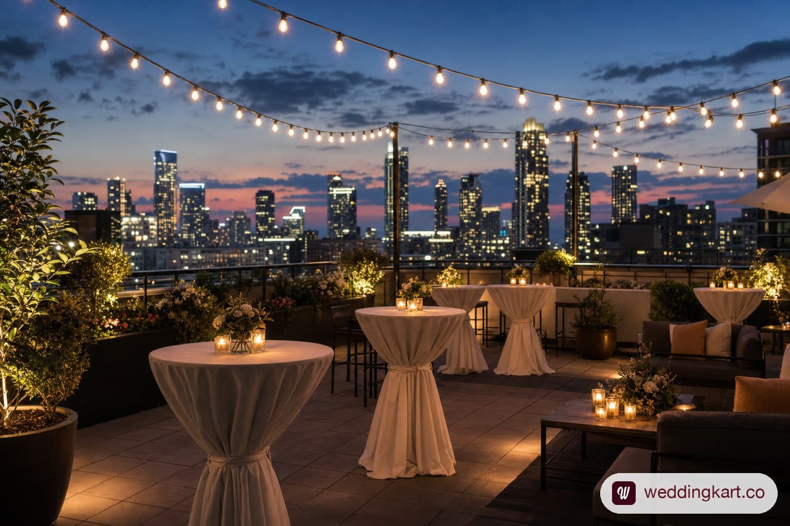 Small intimate wedding reception in a rooftop lounge space in NYC with skyline views