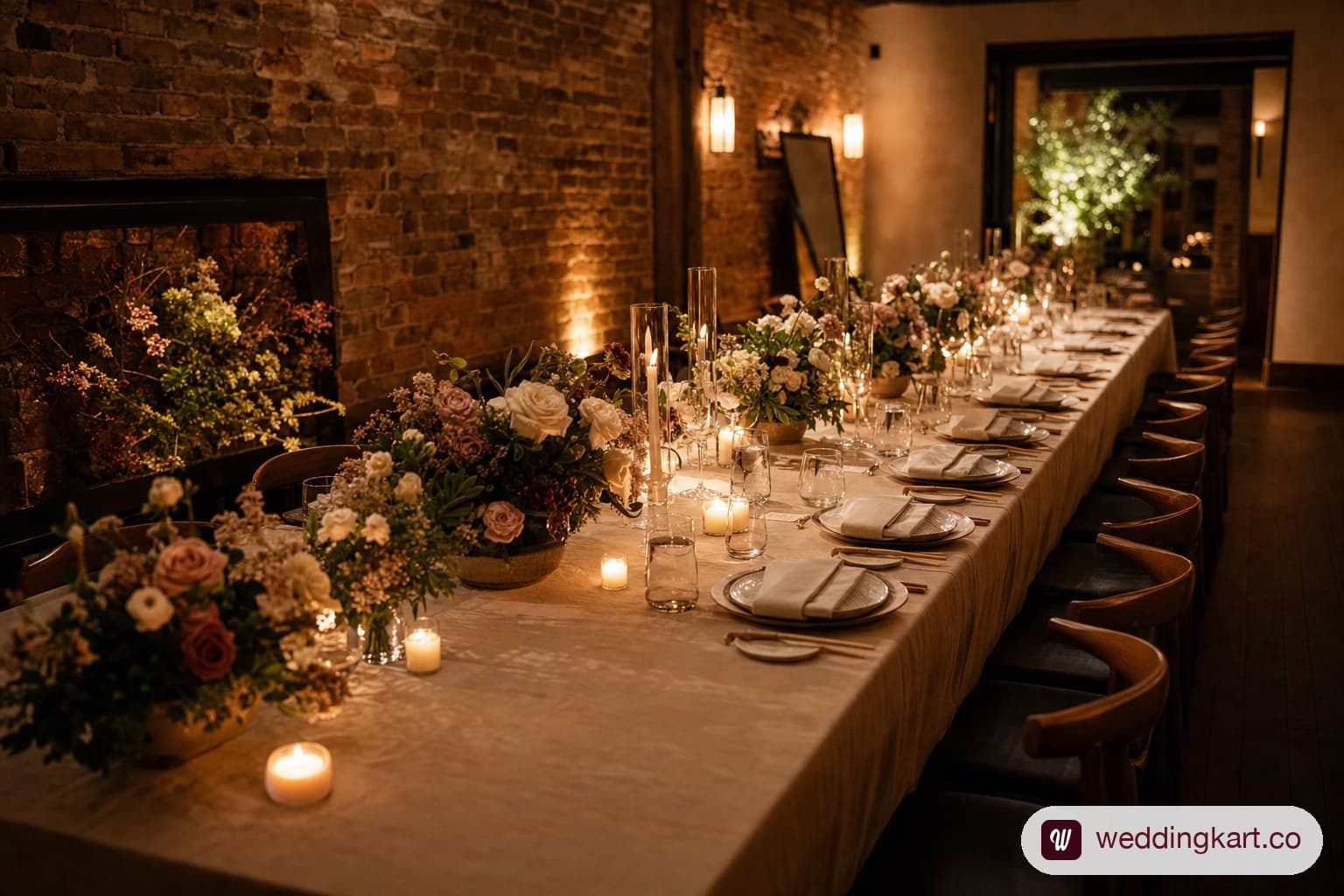 Wedding coordinator walking a couple through an intimate NYC reception space set for a small guest list
