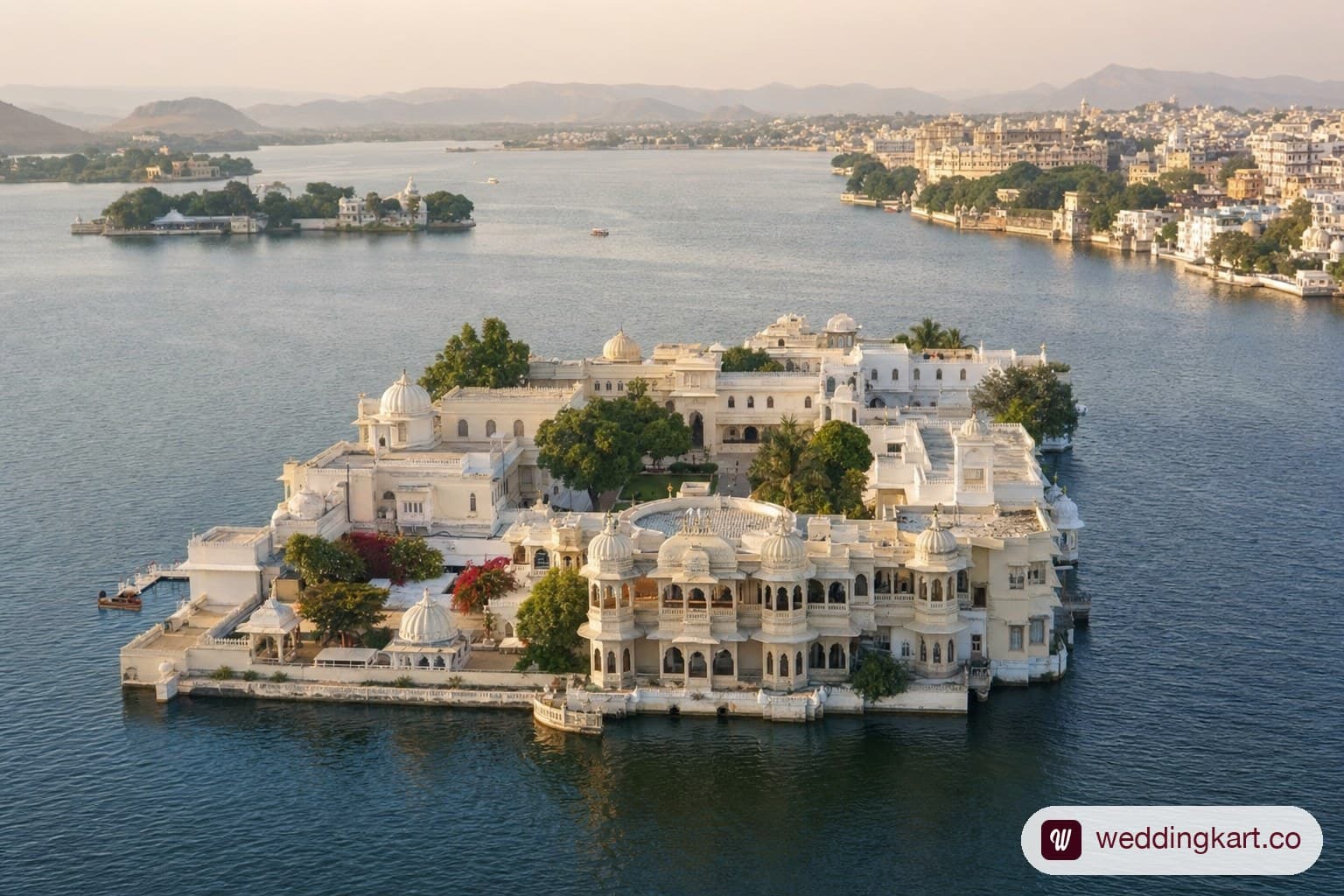 Aerial view of a palace hotel wedding venue in Udaipur.