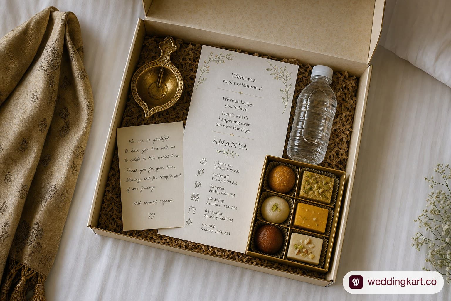 Room-drop welcome gift box for a wedding guest with itinerary card and local sweets
