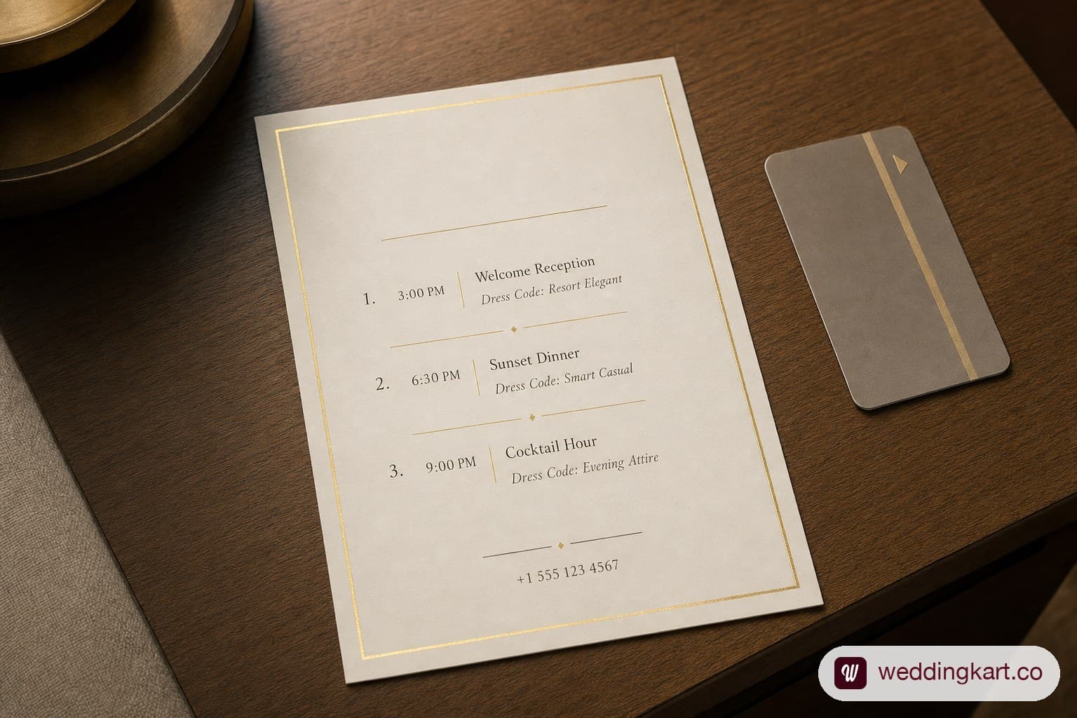 Personalised wedding guest itinerary card showing events, timings and a single contact number
