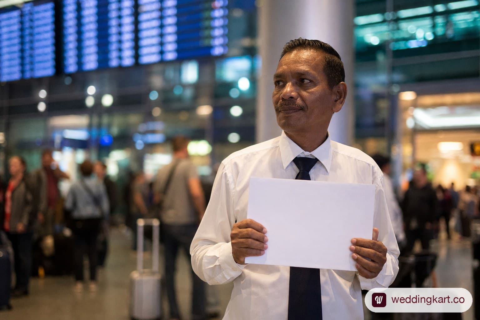 Driver holding a named pickup sign for a wedding guest at the airport arrivals hall
