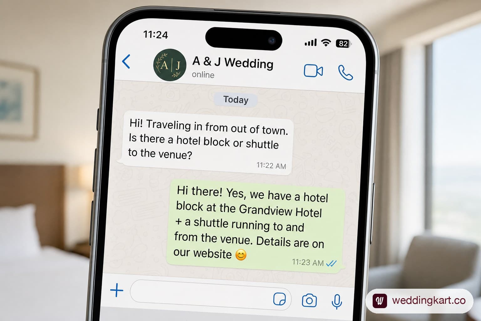 WhatsApp concierge chat answering a wedding guest's logistics question in real time