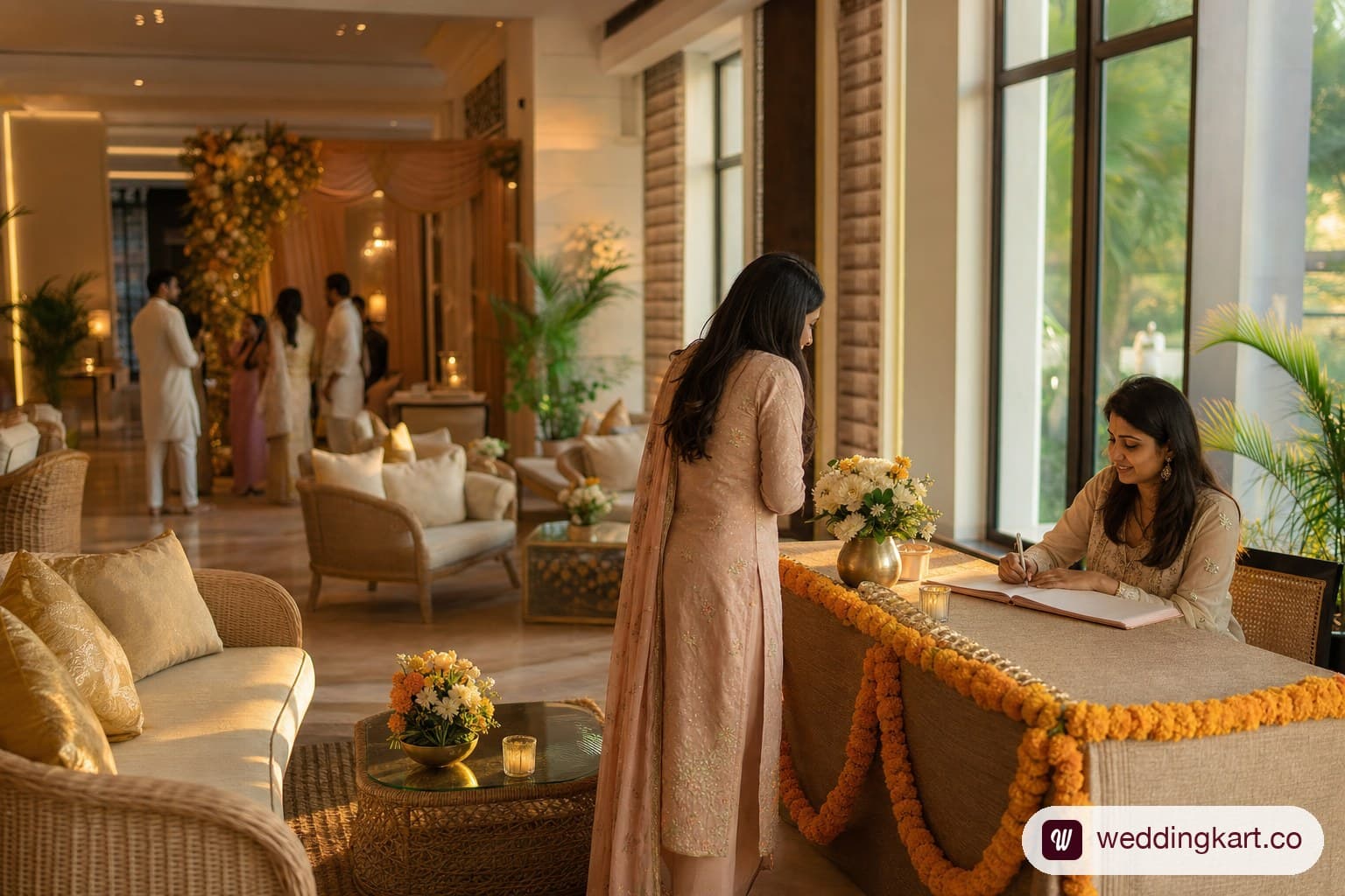Personalised welcome lounge set up for VIP wedding guests at a hotel entrance