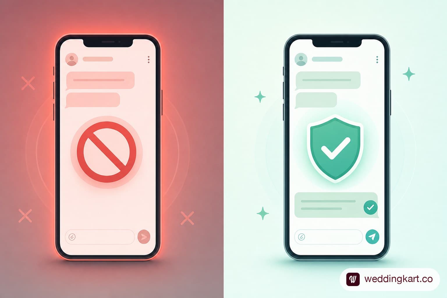 Split-screen phone mockup showing a personal WhatsApp number banned in red on the left and a verified business number sending smoothly on the right