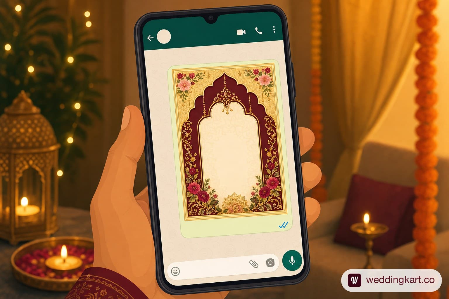 A smartphone showing a WhatsApp chat with a colourful wedding invitation card and blue read ticks beneath the message