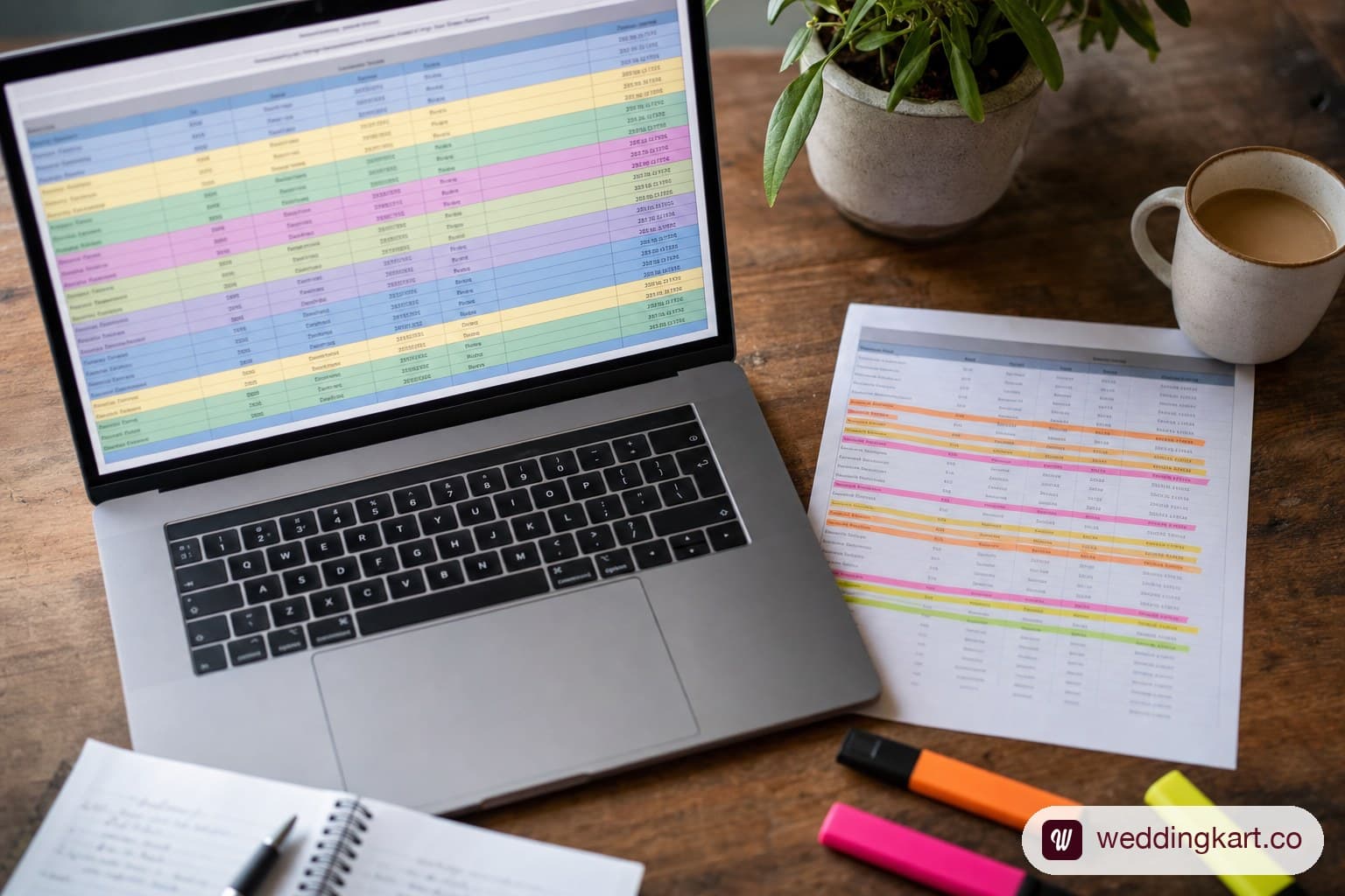Colour-coded wedding rooming list spreadsheet on a laptop screen.