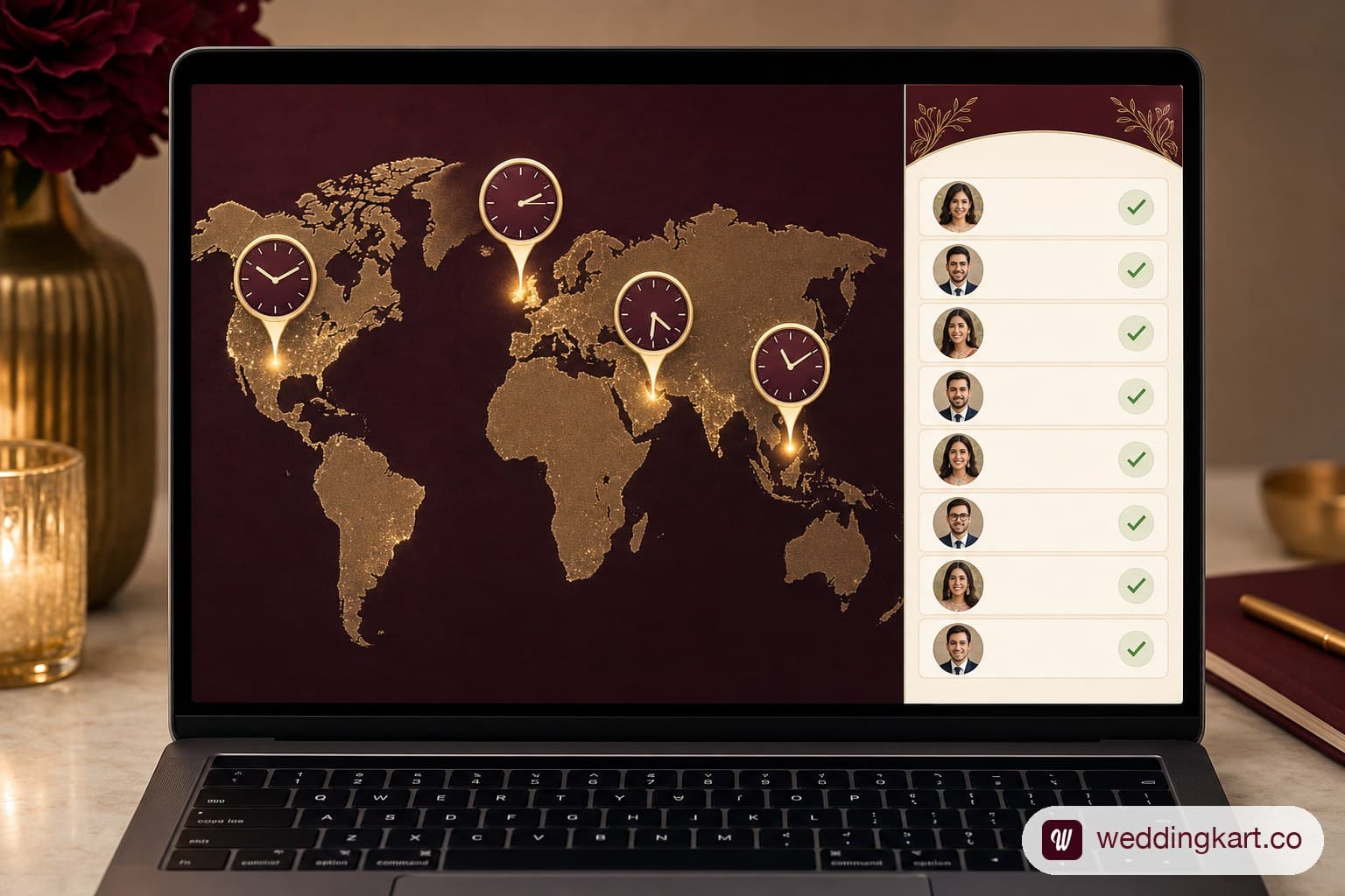 A stylised world map on a laptop screen showing pins over the US, UK, UAE and India, each with a local-time clock, next to a sidebar list of wedding guest names with green RSVP confirmation ticks
