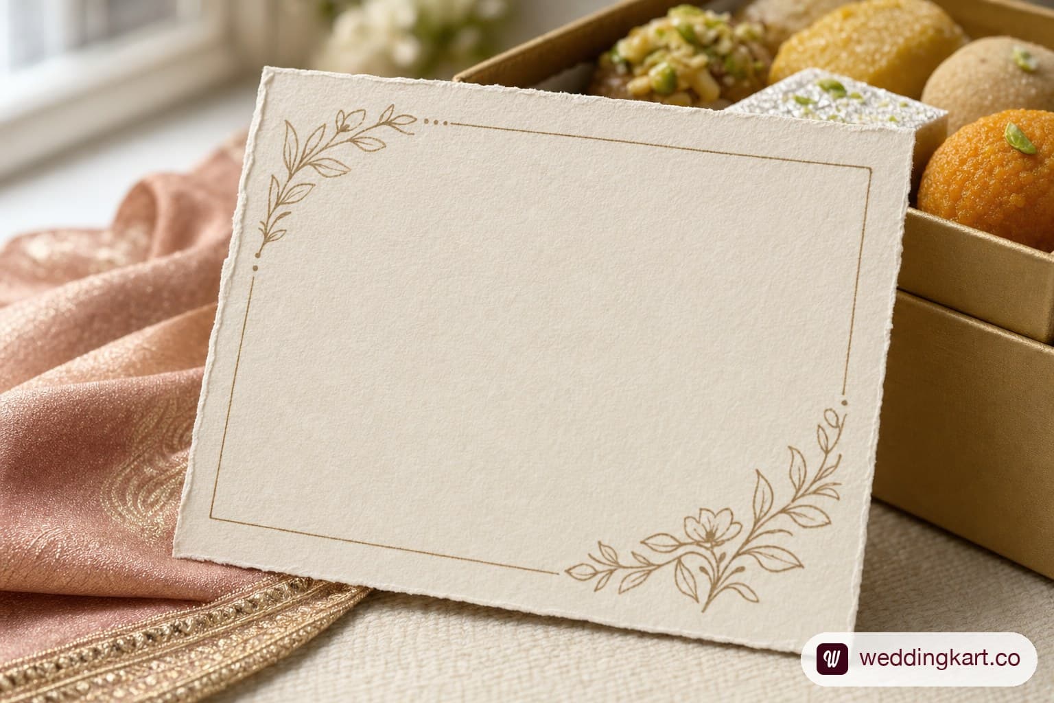 Handwritten welcome letter for wedding guests alongside a box of regional Indian sweets