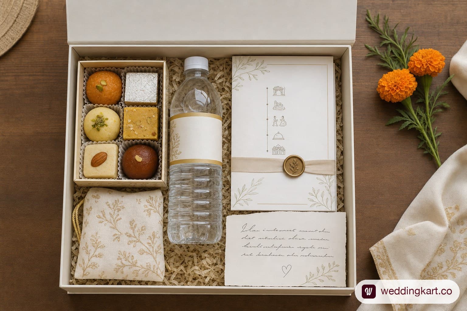 Styled wedding welcome kit box with local snacks, itinerary card and welcome note