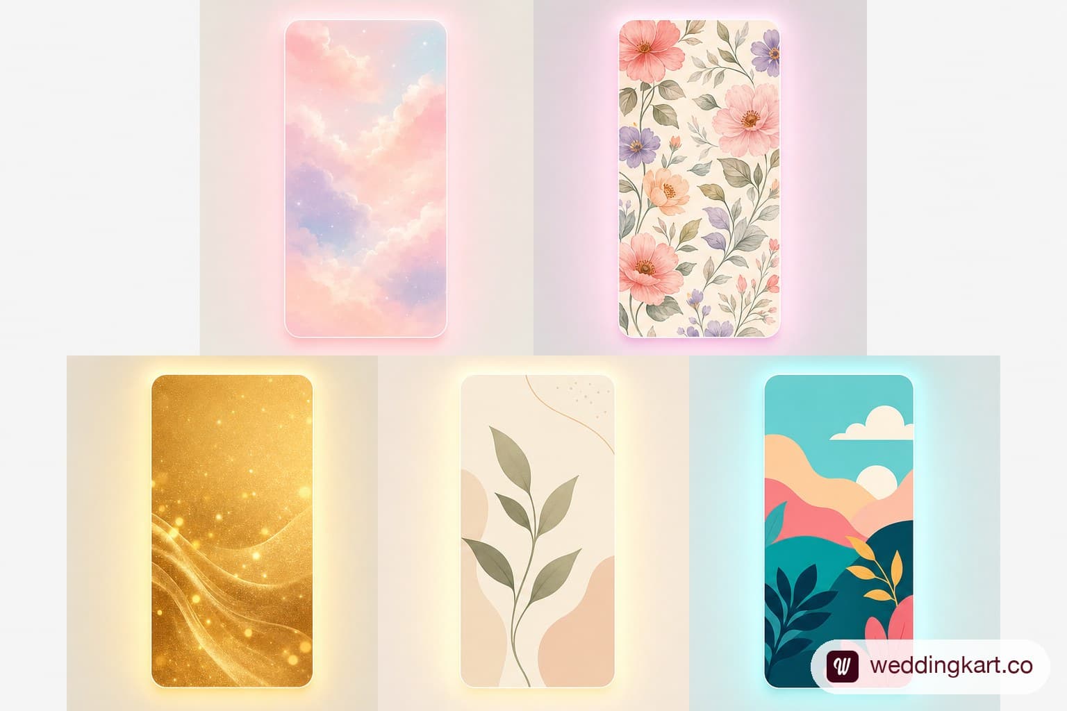 A collage of five small phone-status mockups each showing a short wedding wish overlaid on a different colourful background