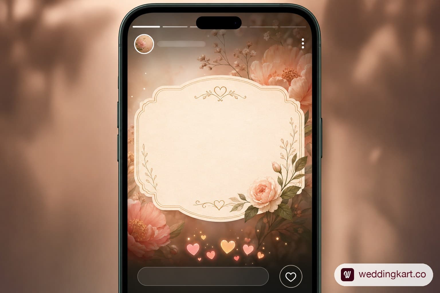 A phone screen showing a WhatsApp status with an elegant wedding quote overlaid on a soft floral background with heart-reaction icons