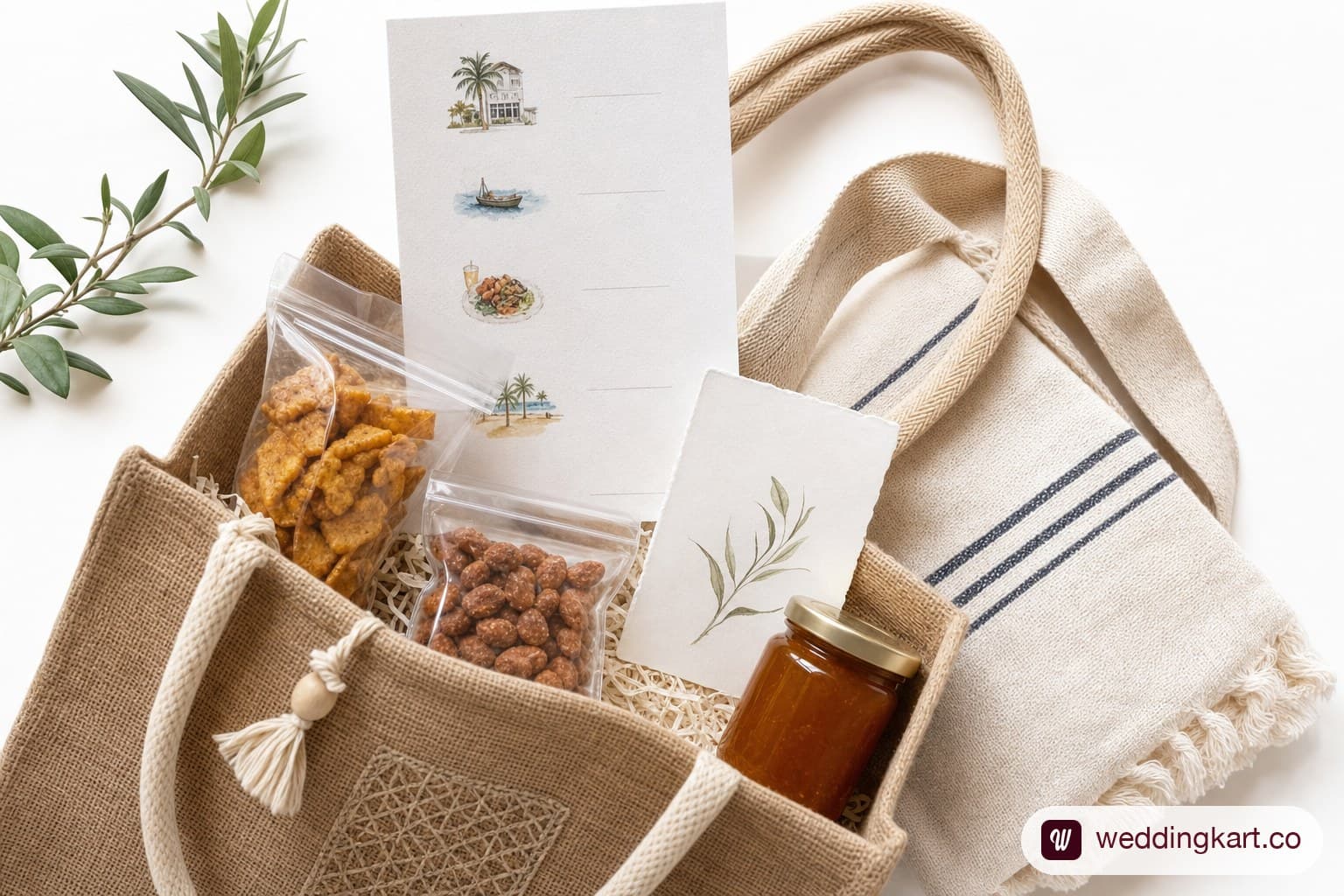 Flat lay of a destination wedding welcome bag with contents.