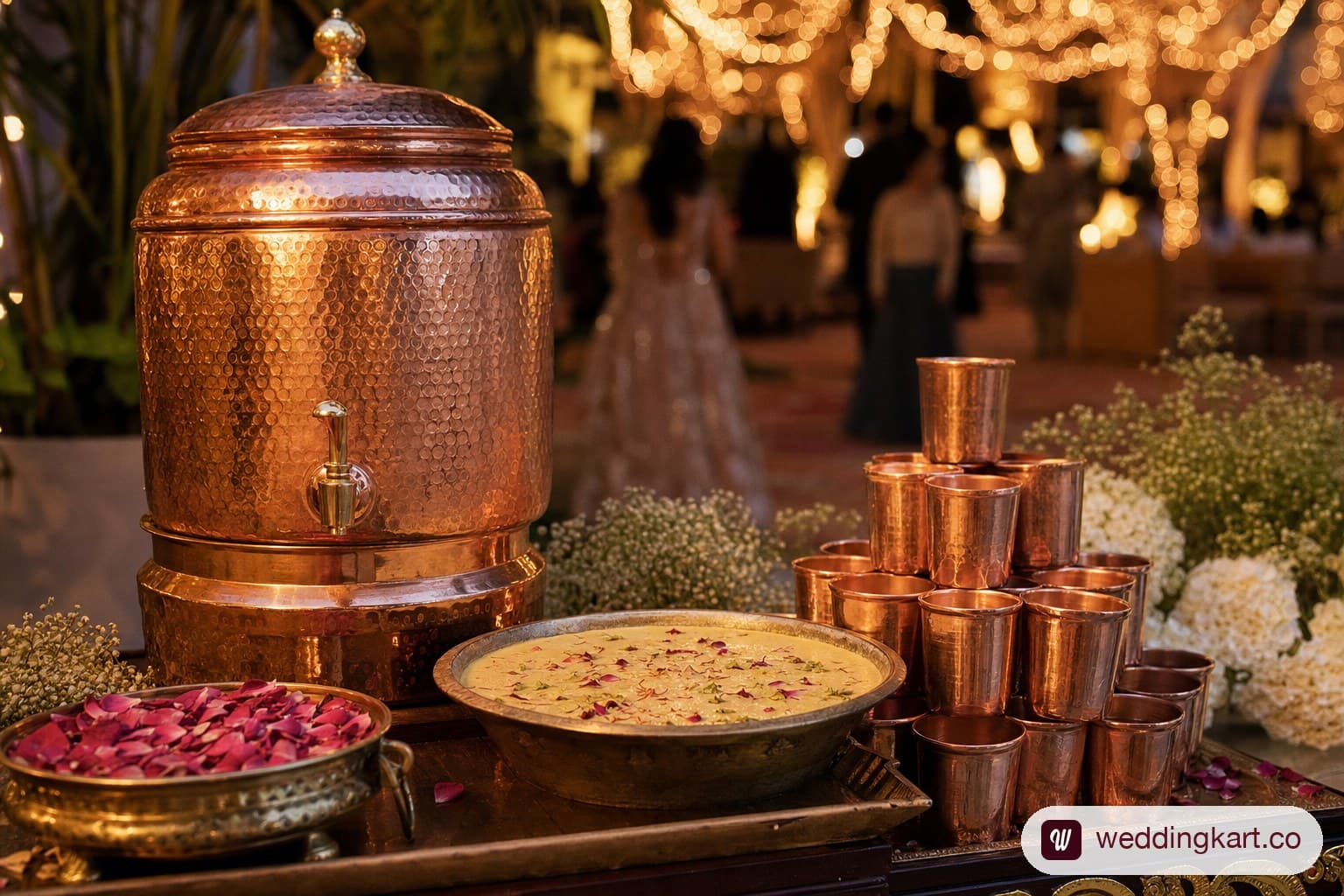 Thandai welcome drink station with copper glasses at an Indian wedding.