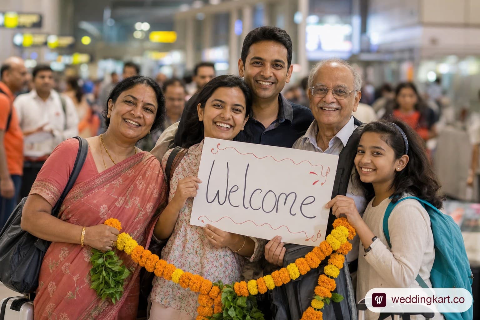 Family welcoming an outstation wedding guest at the airport.
