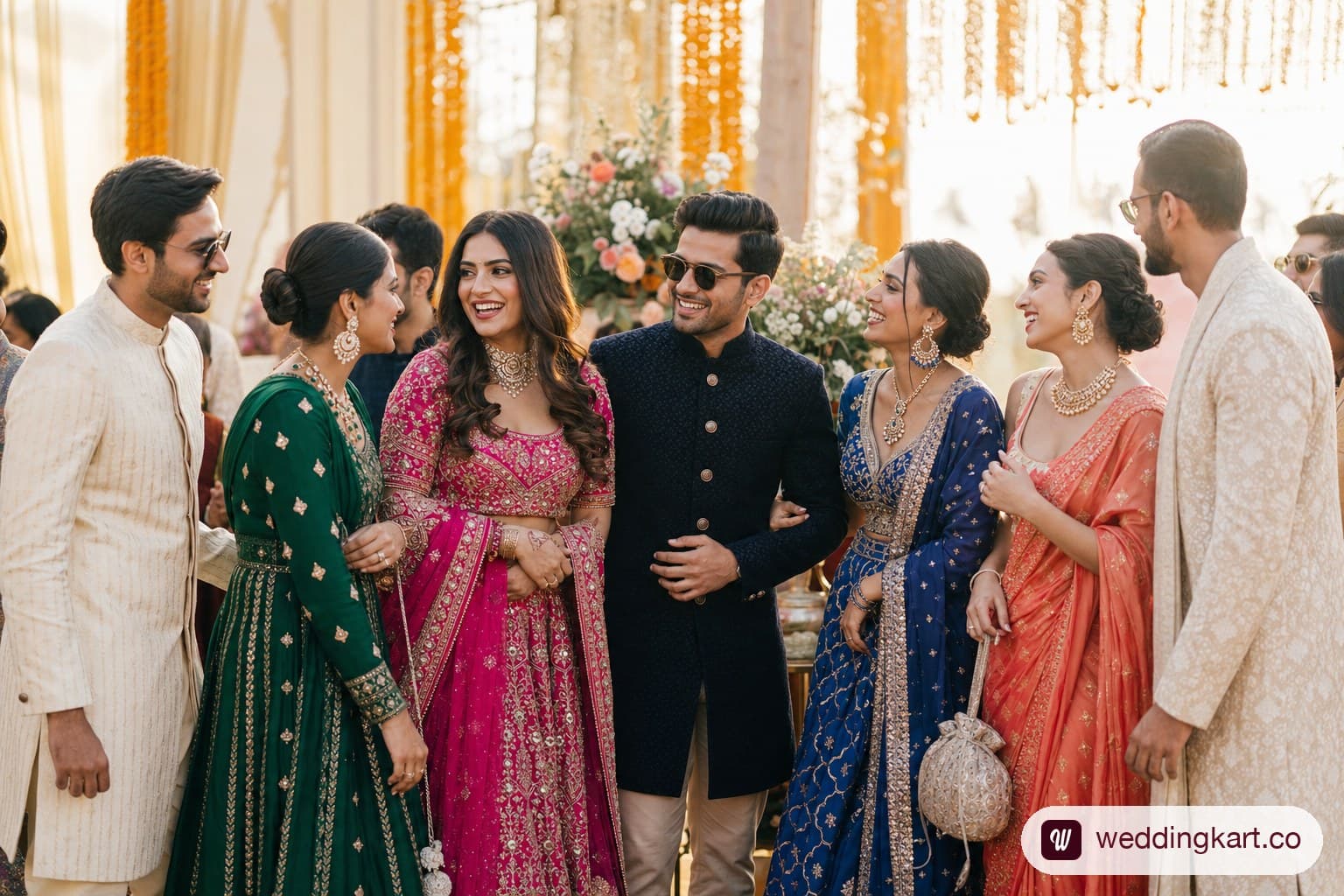 Guests in colourful lehengas, sarees and kurtas at an Indian wedding