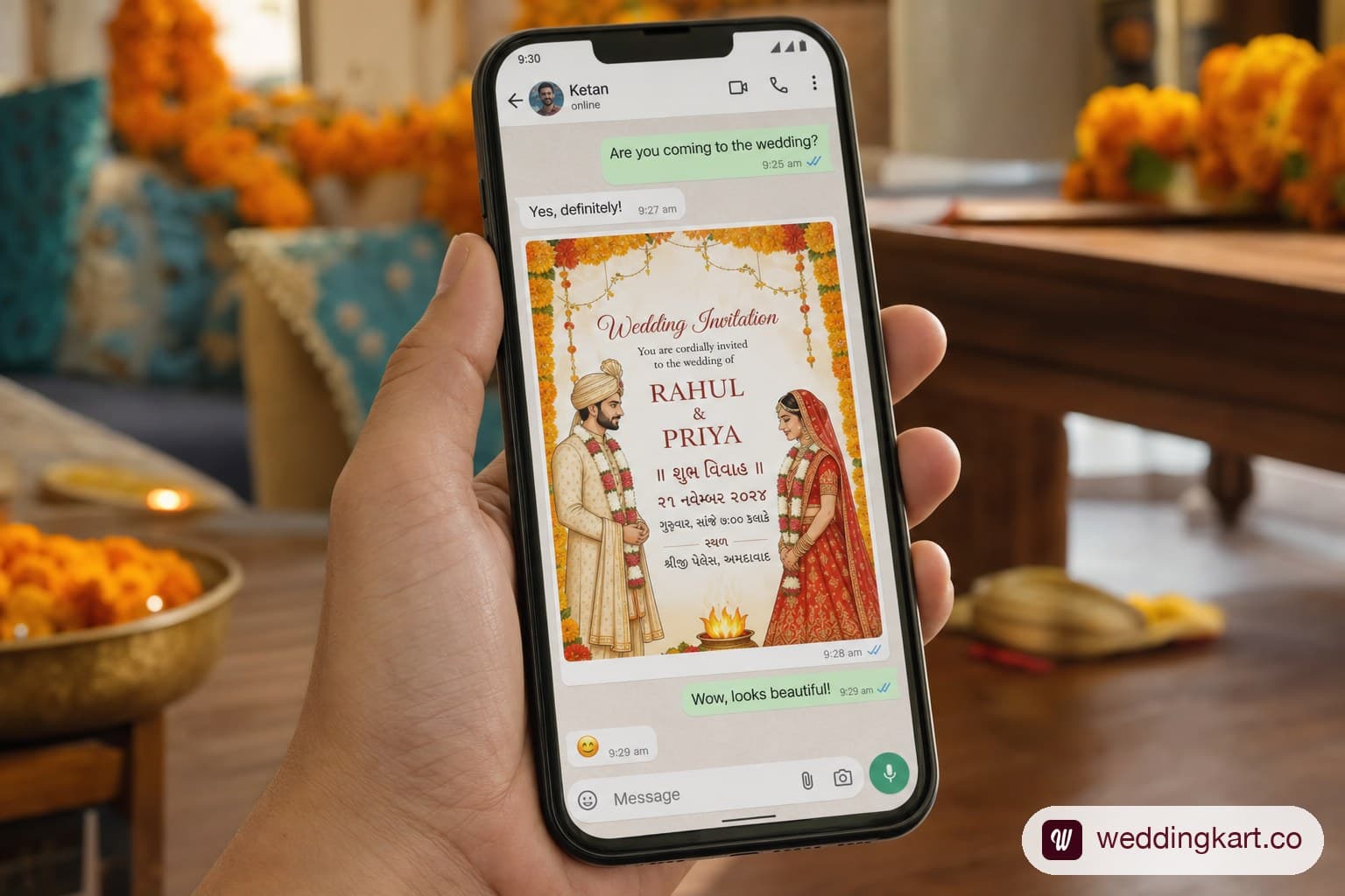 Smartphone screen showing a WhatsApp conversation with a beautifully designed digital Gujarati wedding invitation card featuring a bride and groom illustration, marigold border, and text in English and Gujarati script