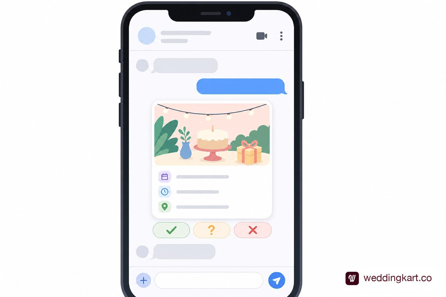 A WhatsApp Events card inside a group chat with a Yes, Maybe, No RSVP button row and a small guest-count indicator