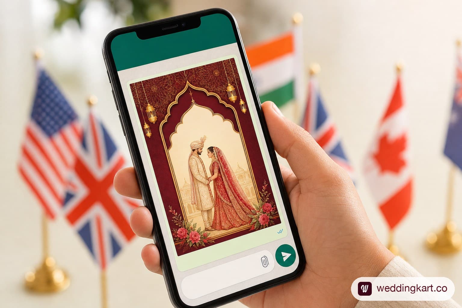 A smartphone screen showing a colourful Indian wedding WhatsApp invitation card mid-send with small US, UK, UAE and India flag icons suggesting a global NRI guest list