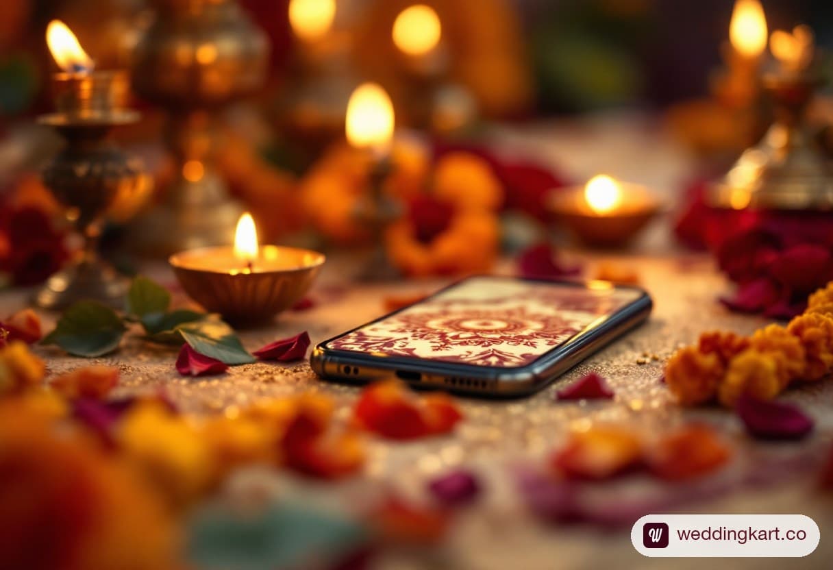 A smartphone glowing on a wedding-decorated table with diyas and marigolds — a digital wedding invitation ready to send