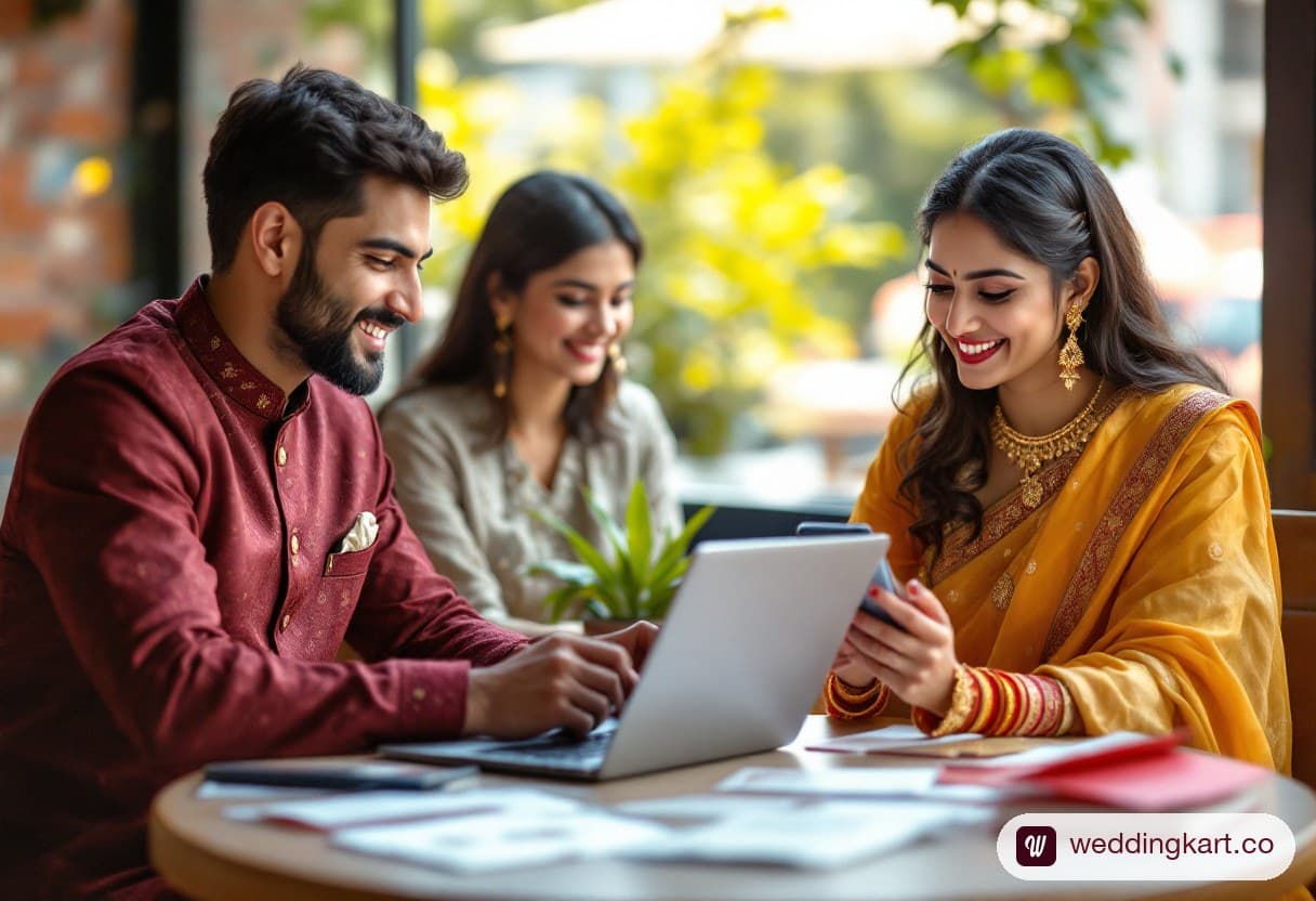 An Indian couple compares digital wedding invitation designs on a laptop and phone with printed card samples on the table