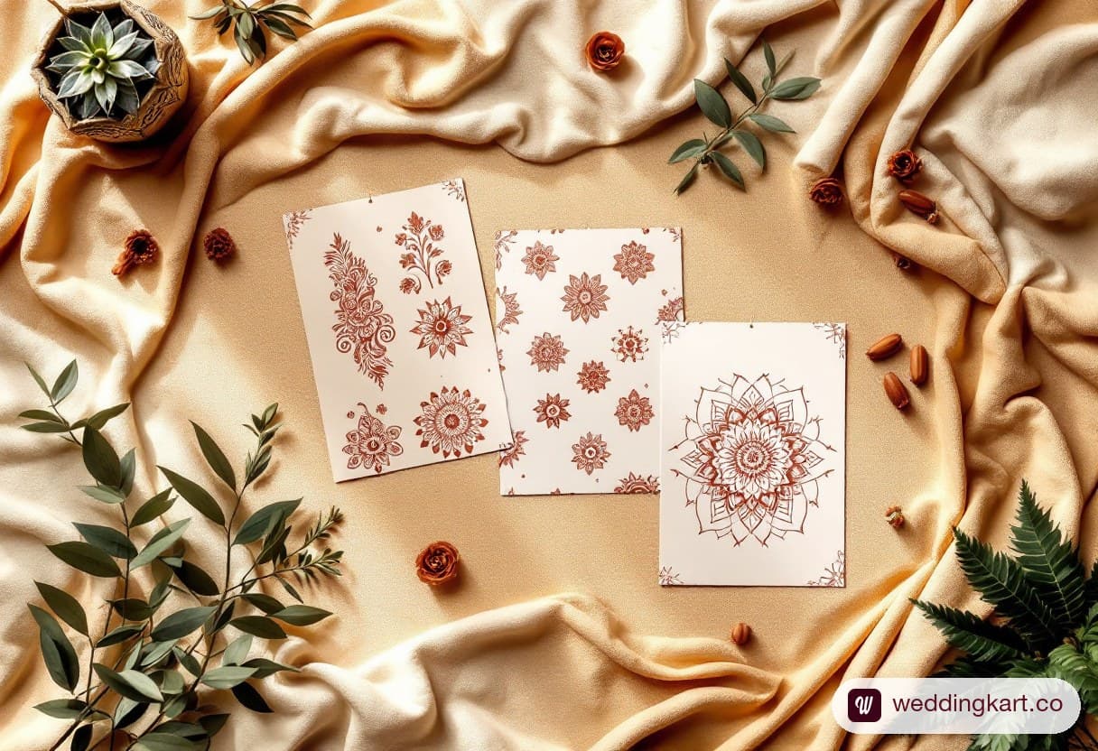 Flat-lay of printable mehndi design reference sheets showing hand outlines with henna patterns in different styles