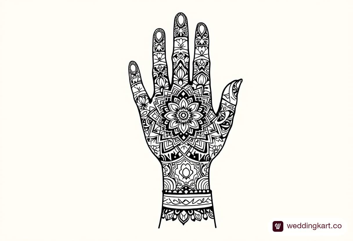 Back hand mehndi design photo: bold central mandala with matching fingertip patterns and slim wrist band
