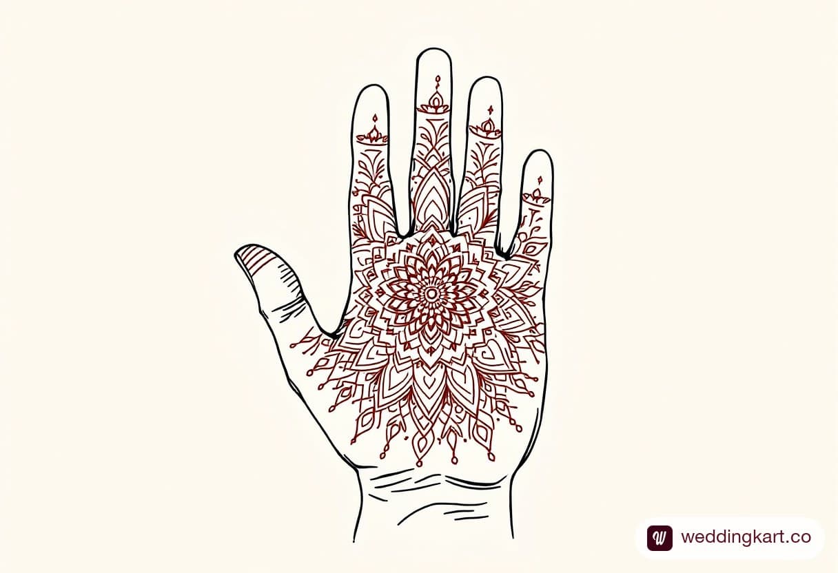 Front hand mehndi design photo: grand detailed mandala covering the palm centre with striped fingertip caps
