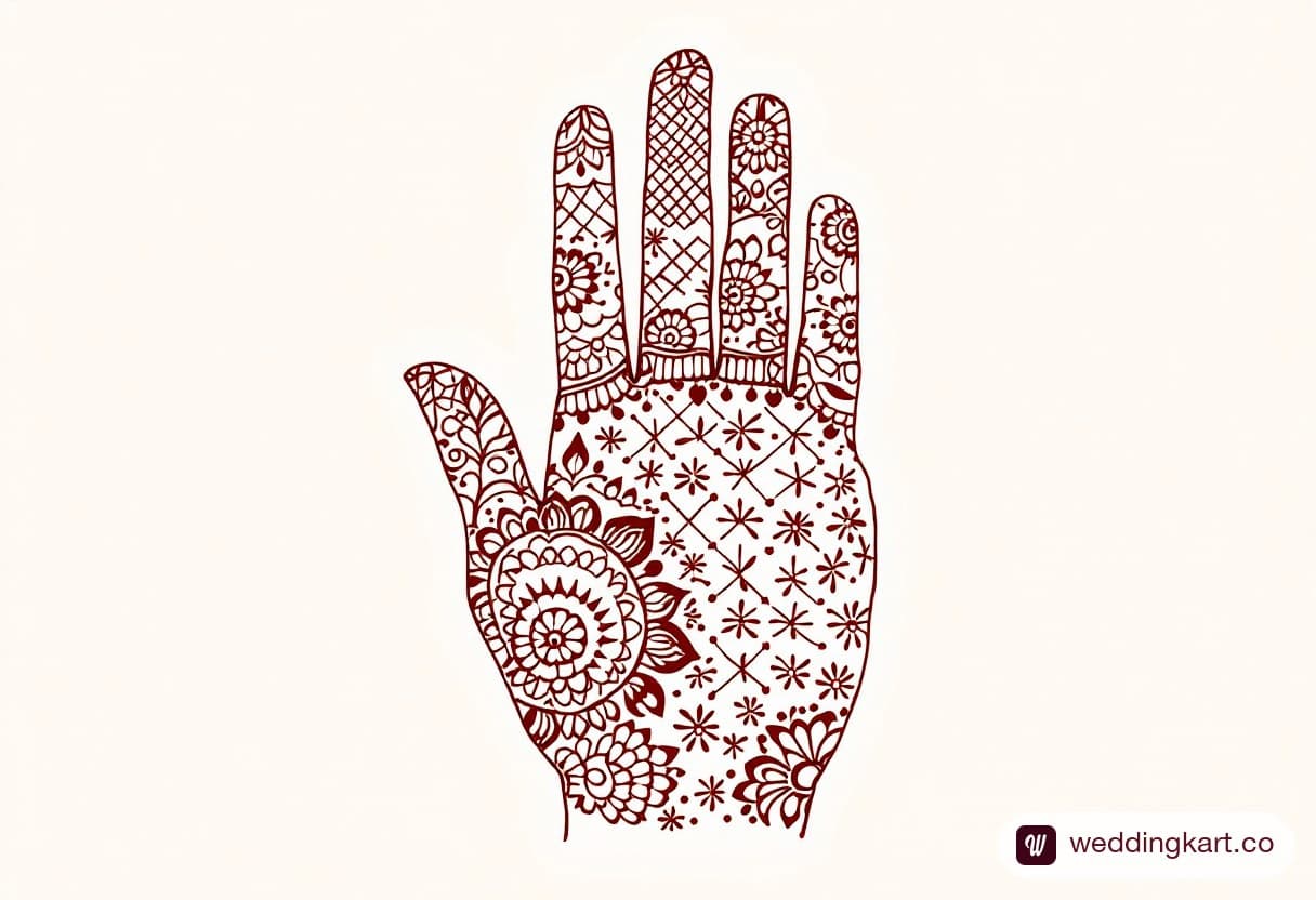 Bridal-density front hand mehndi design: fine jaal lattice covering the palm with tiny flowers at each intersection