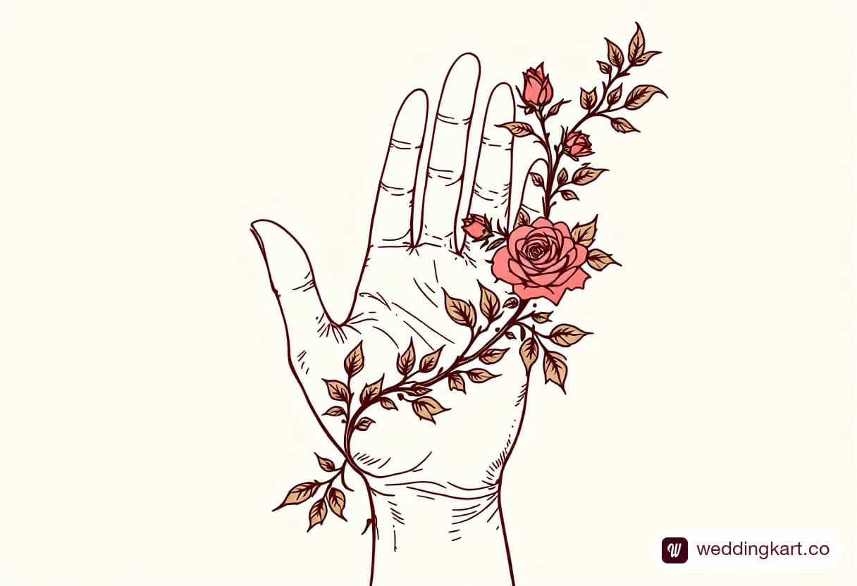 Arabic front hand mehndi design: bold diagonal vine of roses and leaves from little finger across the palm to the wrist
