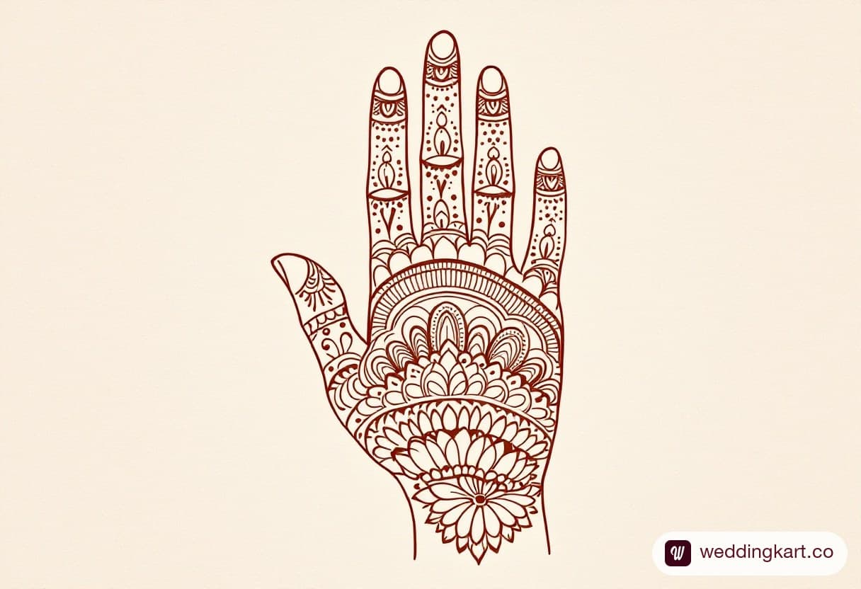 Royal front hand mehndi design: layered arches, paisleys and lotus motifs flowing from middle finger to below the wrist