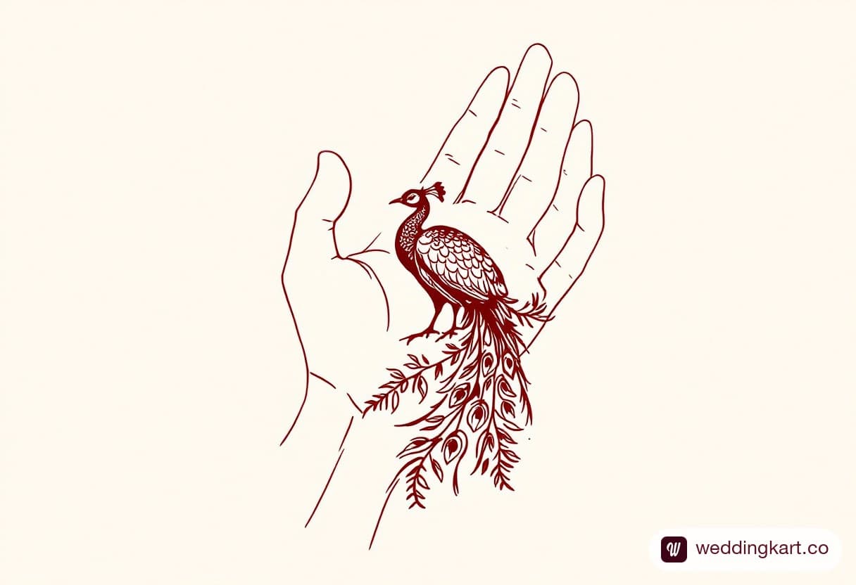 Front hand mehndi design with a peacock at the palm centre, tail feathers curling around the thumb side