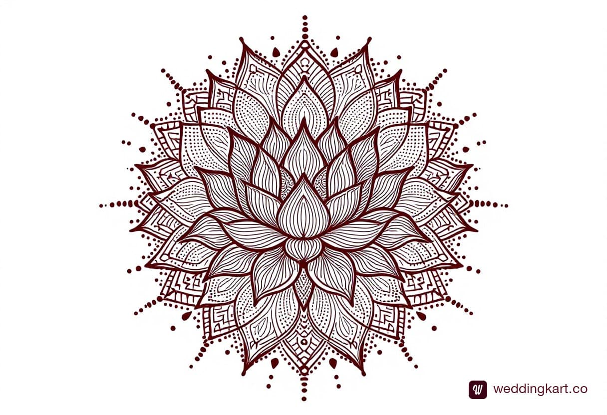 Modern front hand mehndi design: one oversized lotus at the palm centre with radiating dotted rays