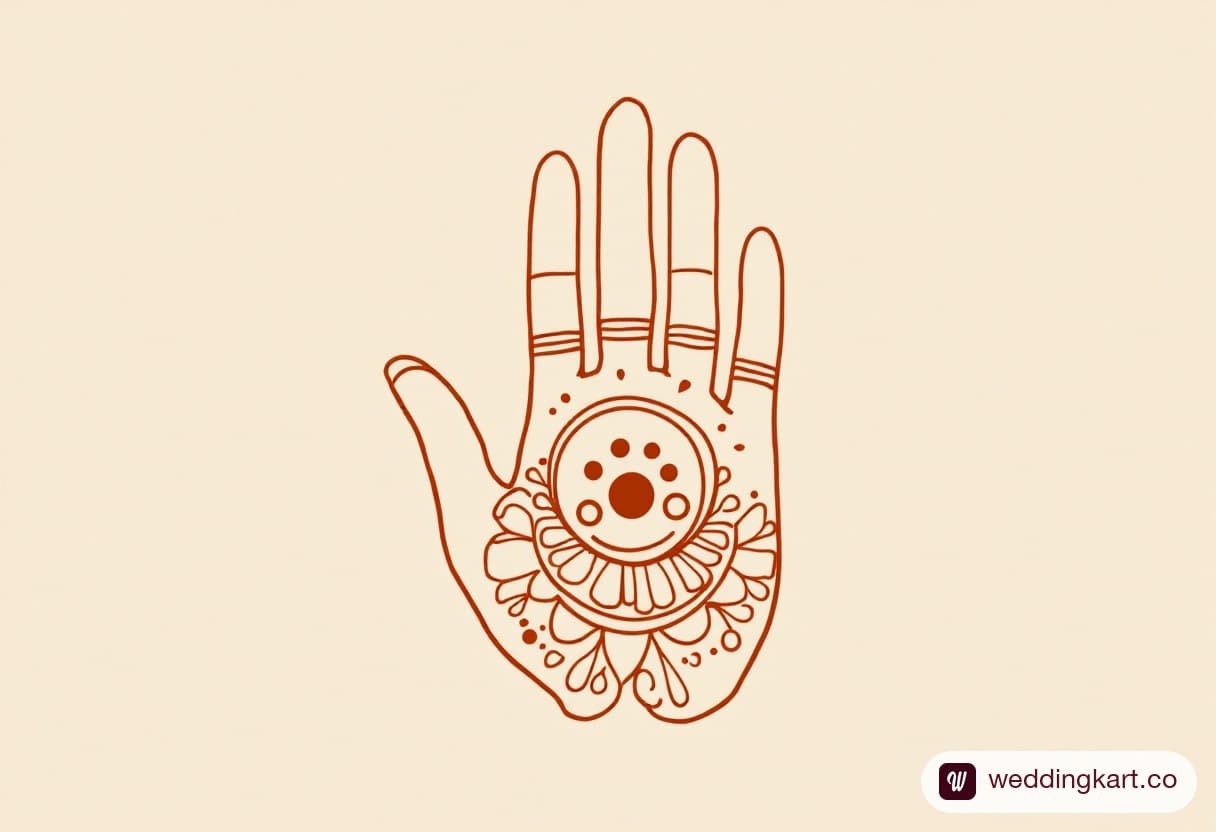 Contemporary front hand mehndi design: concentric broken circles at the palm centre with bare fingers
