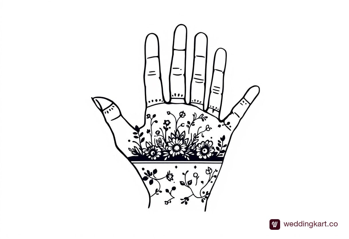 Airy front hand mehndi design: half-crescent band of florals at the base of the fingers with a minimal palm