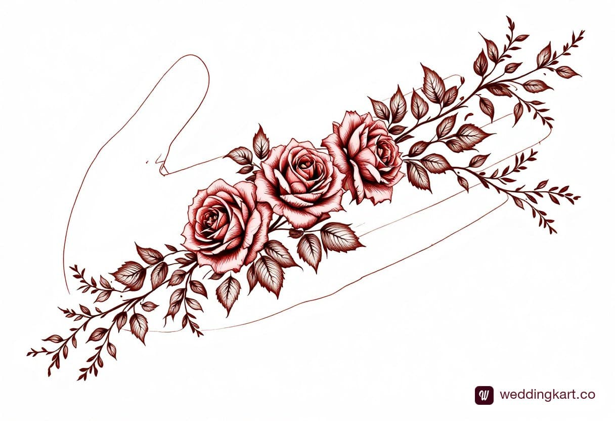 Arabic front hand mehndi design image: three bold shaded roses in a diagonal line with thick leafy vines