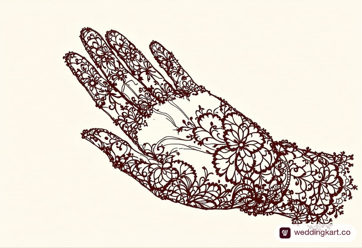 Lace glove style front hand mehndi design: fine filigree covering fingers and upper palm like delicate lace