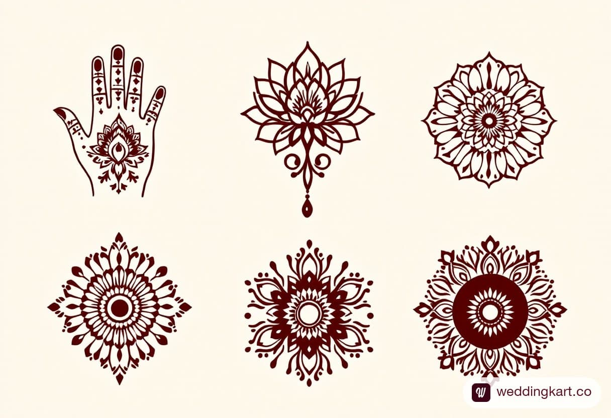 Printable mehndi pattern sheet with six front hand elements: palm mandala, lotus, Arabic rose, jaal patch, fingertip column and wrist medallion