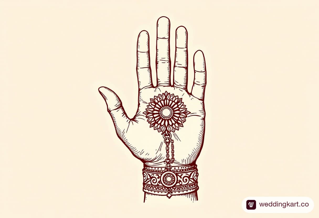 Front hand mehndi design: ornate circular medallion at the wrist with a single chain rising to the ring finger