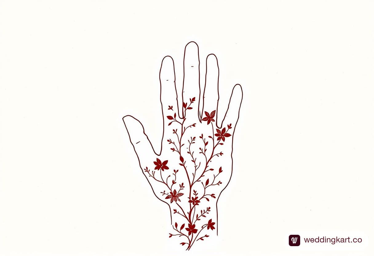 Simple mehndi design photo: single floral vine from index finger to wrist on a hand outline reference sheet