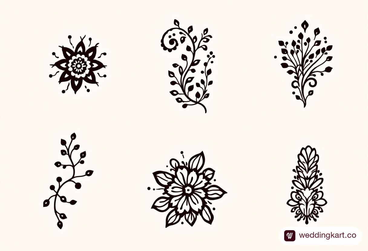 Printable sheet of six easy mehndi motifs: small mandala, floral vine, paisley, dotted trail, leaf chain and fingertip pattern