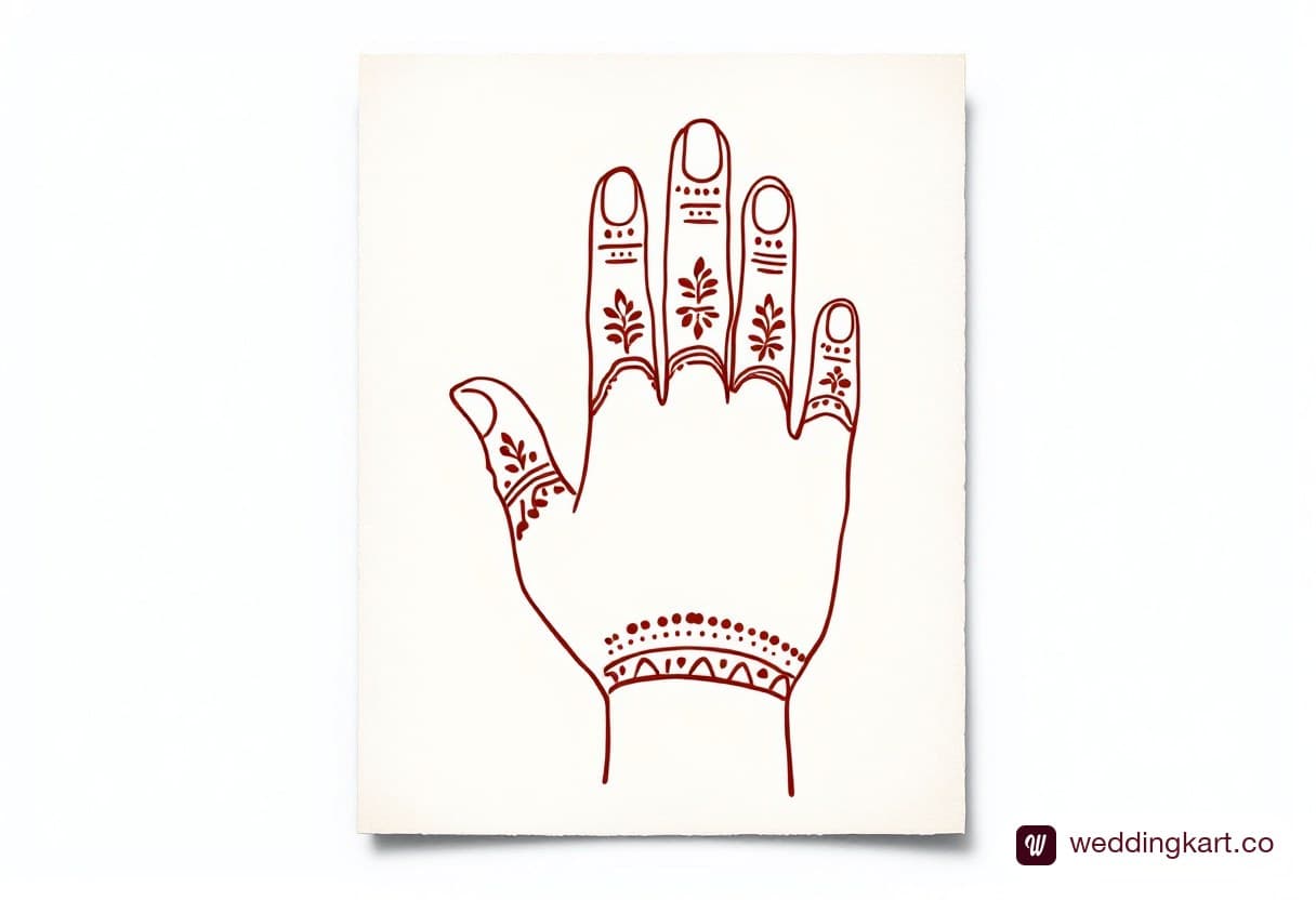 Minimal mehndi design with henna only on the fingers: fine tip caps, thin rings and dots, empty palm