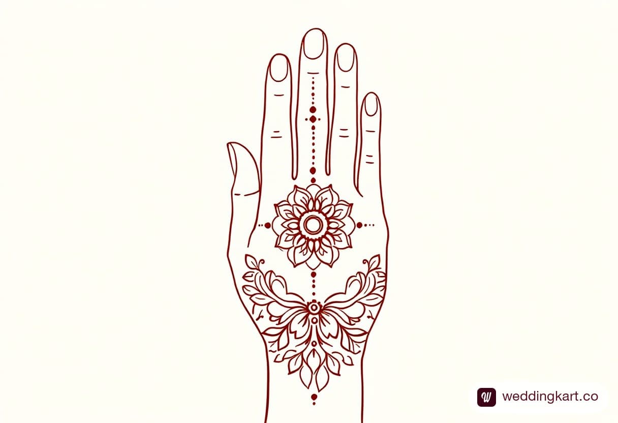 Simple mehndi design image: one small neat mandala on the back of the hand with a dotted line to the middle finger