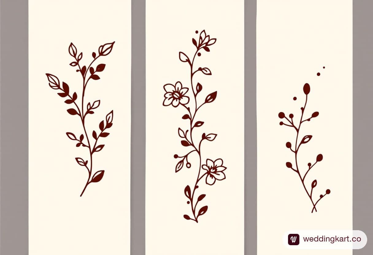 Easy mehndi design sheet: three delicate vine strips - leaf vine, flower vine and dotted bud vine