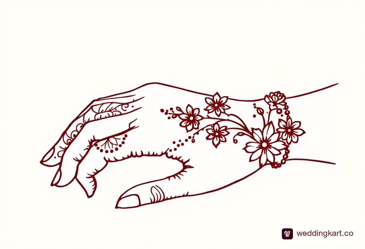 Simple mehndi bracelet design: dainty dot and chain band at the wrist with one flower on the back of the hand
