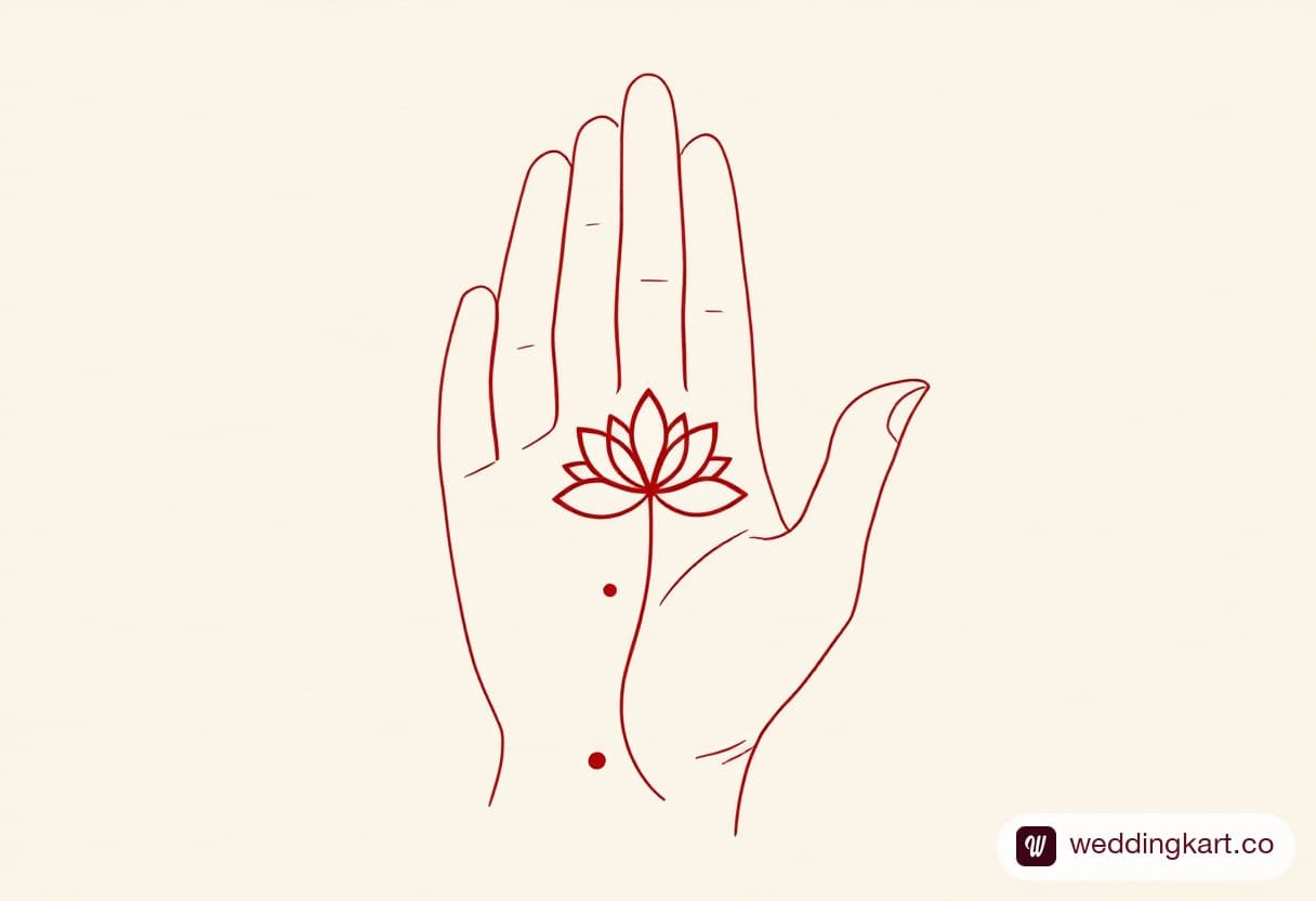 Minimal mehndi design: single lotus motif at the outer palm corner with three trailing dots